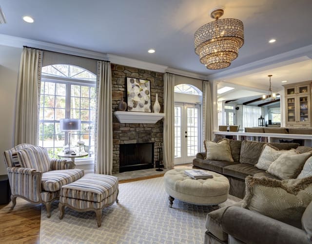 Elegant Living Room in neutral colors with feature chandelier