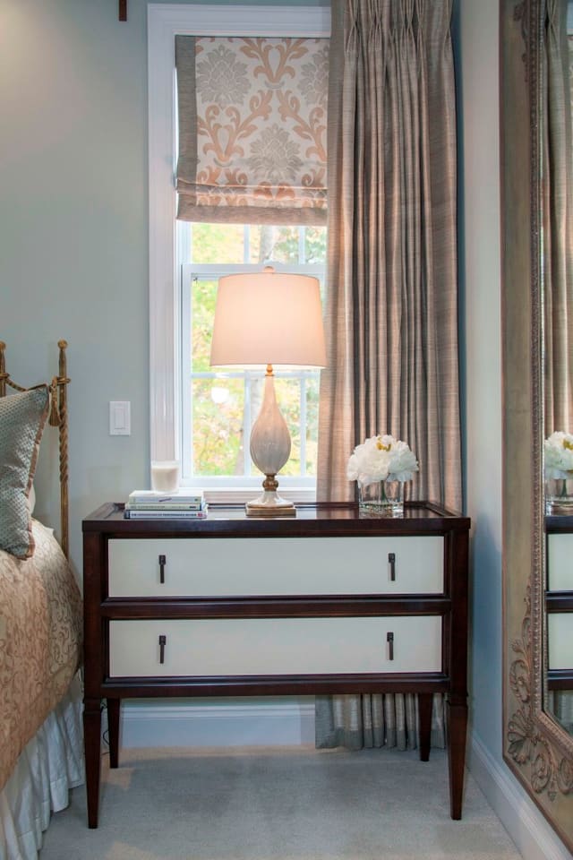 Master Bedroom night stand and drapery panel with roman shade