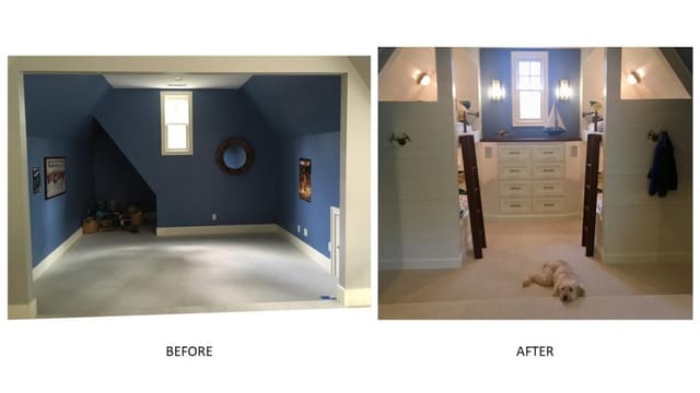 Small playroom converted to built-in bunk room with custom built-in dresser.  Bunks covered in painted shiplap and wired for lights and outlets.