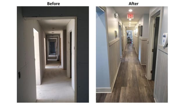 Early construction shot of Dentist Office Hallway vs. Completed Hallway