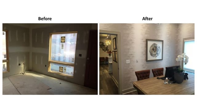 Early construction shot of Dentist Office Conference Room vs. Completed Conference Room