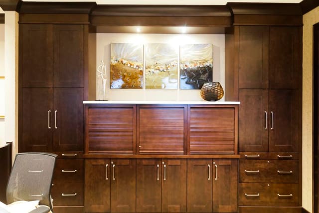 Wall of cabinetry in Cary Bank