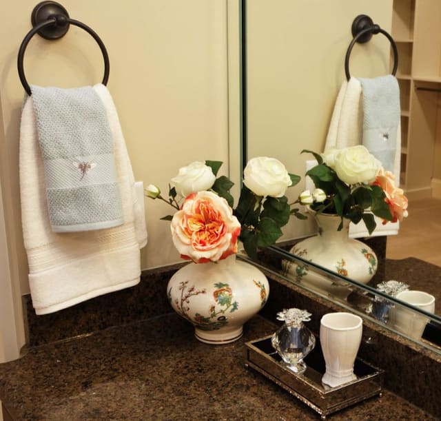 Cute towels and accessories in Master Bathroom