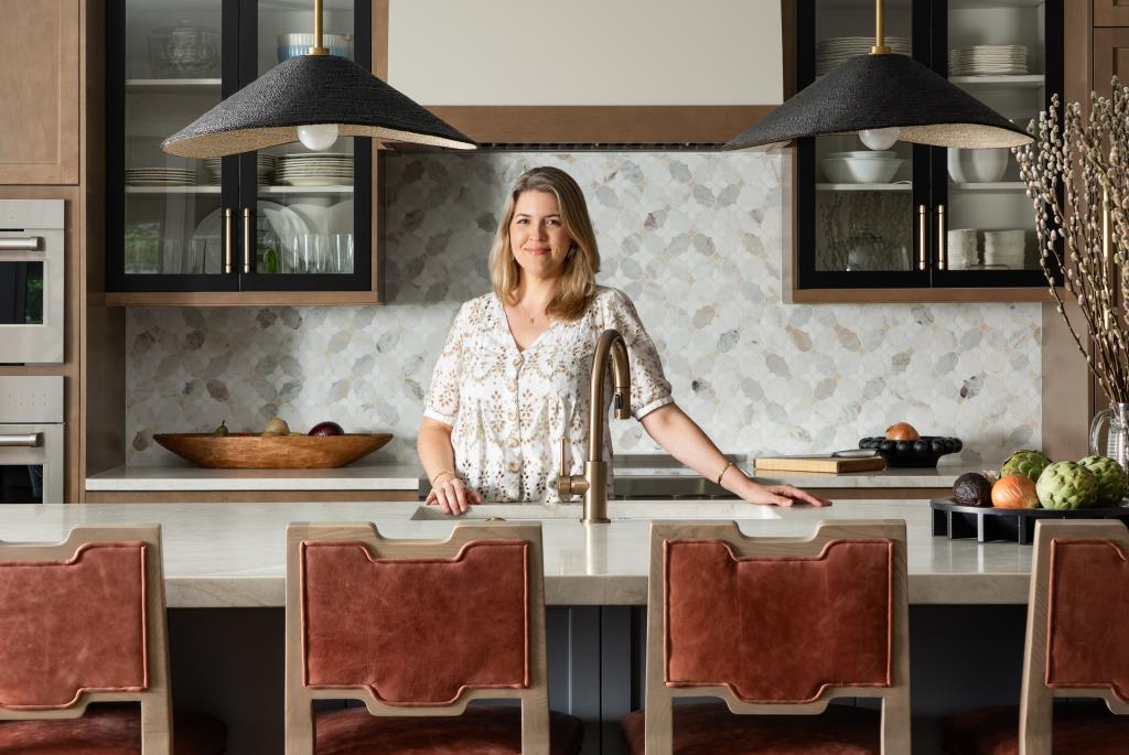 Contemporary Kitchen with rust orange counter stools
