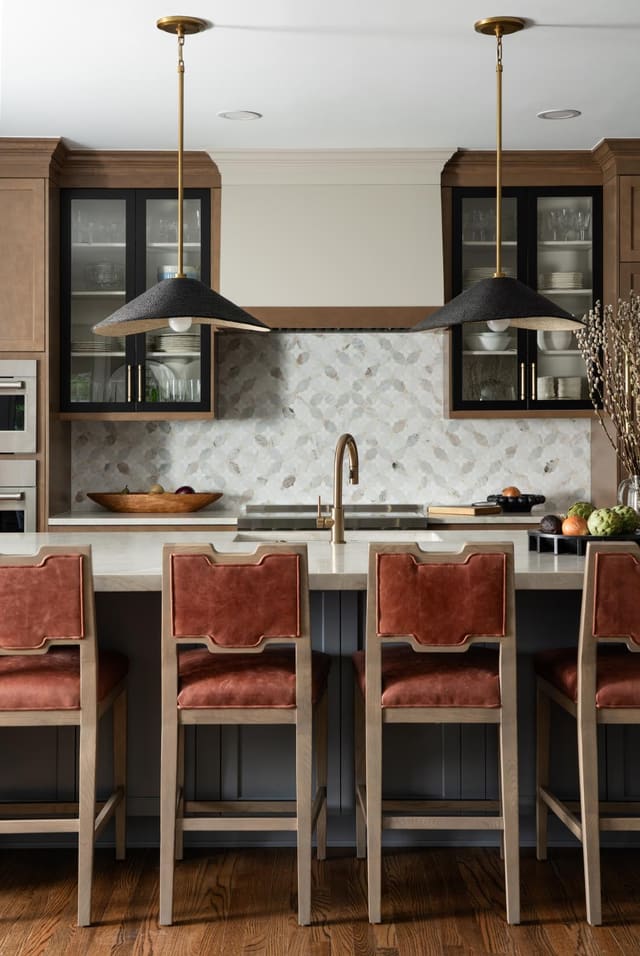 Kitchen with Rustic orange counter stools