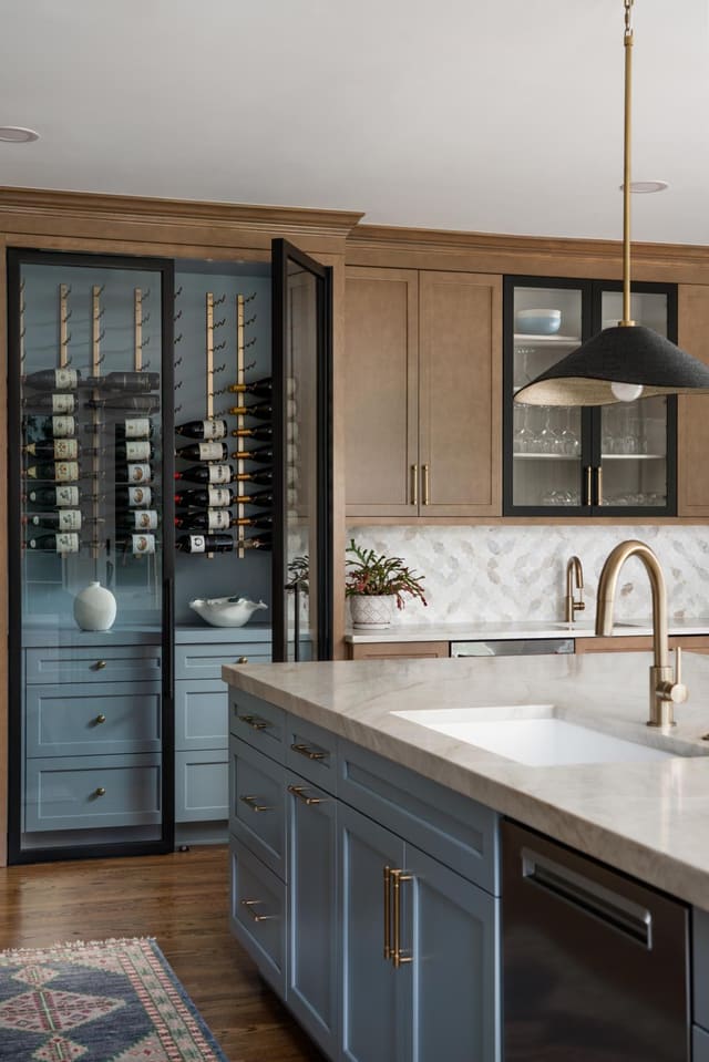 Scullery with Blue Cabinetry and Warm Wood