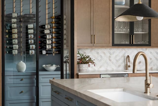 Scullery with Blue Cabinetry and Warm Wood