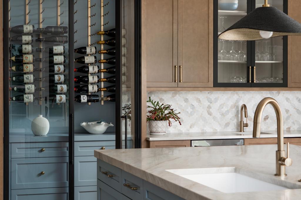 Scullery with Blue Cabinetry and Warm Wood