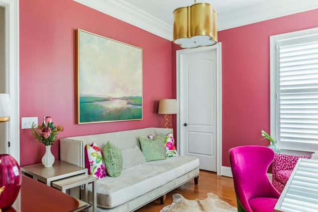 Fun Office space with Magenta, Gold, and Green color scheme.
