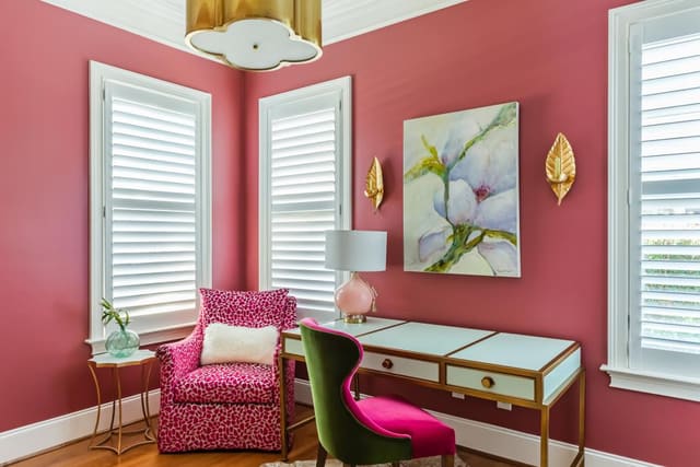 Fun Office space with Magenta, Gold, and Green color scheme.