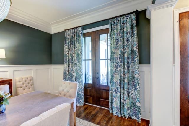 Custom window treatments in printed linen fabric