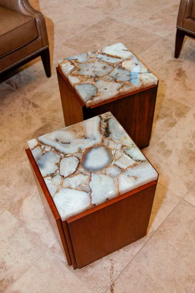 Quartz top bunching cocktail tables in Paragon Bank Lobby