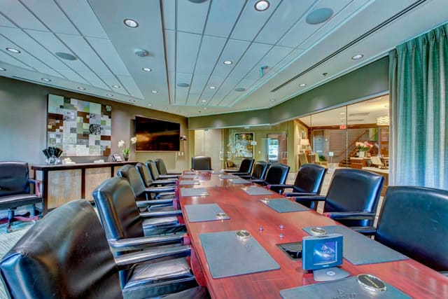 Board Room at Paragon Bank with custom motorized drapery and QR code artwork