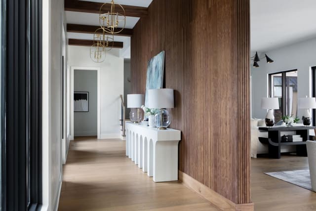 Hallway with Gold Pendant Lighting