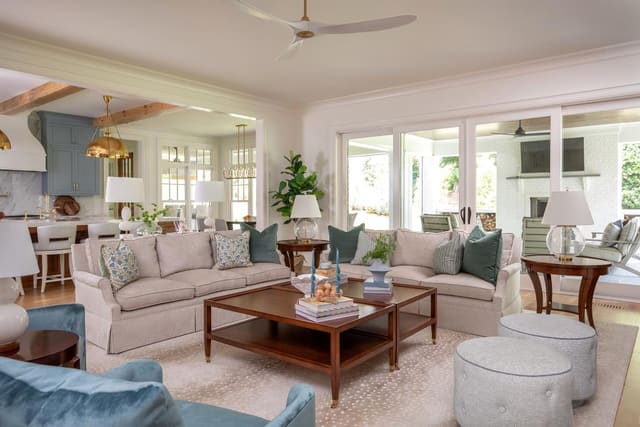Open Concept Living Room with Blue Accents