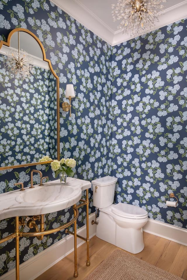 Powder Room with Blue Floral Wallpaper
