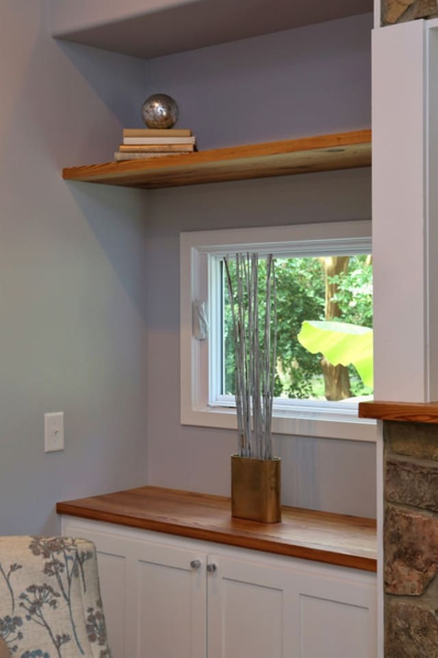 Close-up of built-in shelf and cabinet in Family Room of Downtown Raleigh home