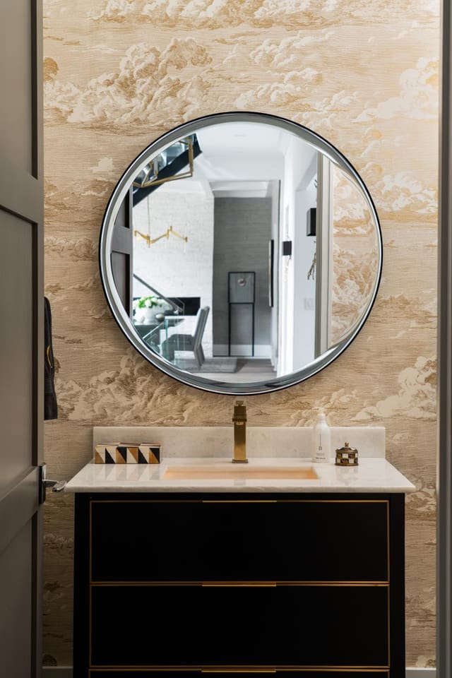 Powder Bath with Metallic Wallpaper & Backlit Vanity