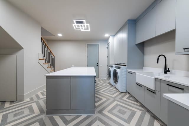 Laundry Room with Gray Geometric Flooring