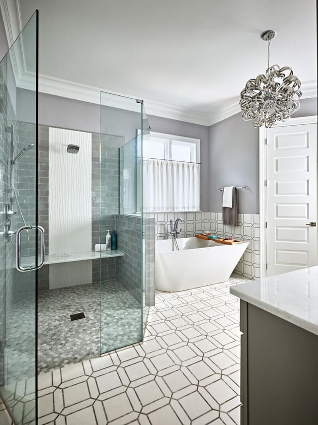 Master Bathroom in Wake Forest Home with soaker tub, large shower with 2 shower heads and cafe curtain