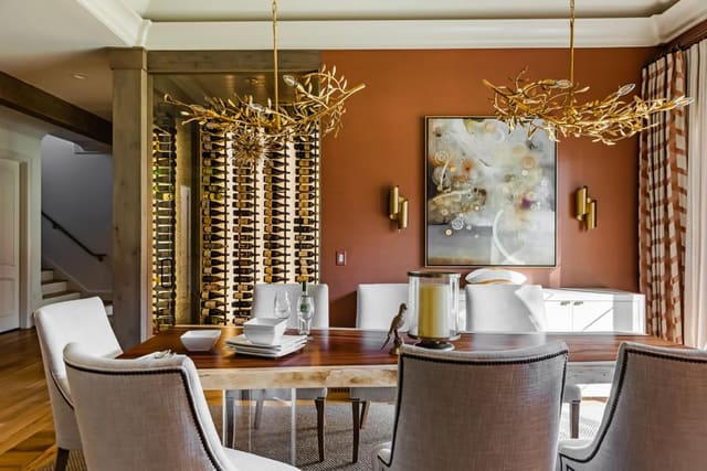 This live edge table sets the mood for the warm tones in this Dining Room.