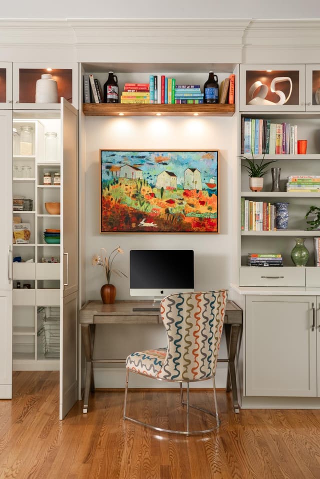 Built-in desk nook with open pantry