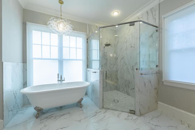 Master Bath with marble flooring.