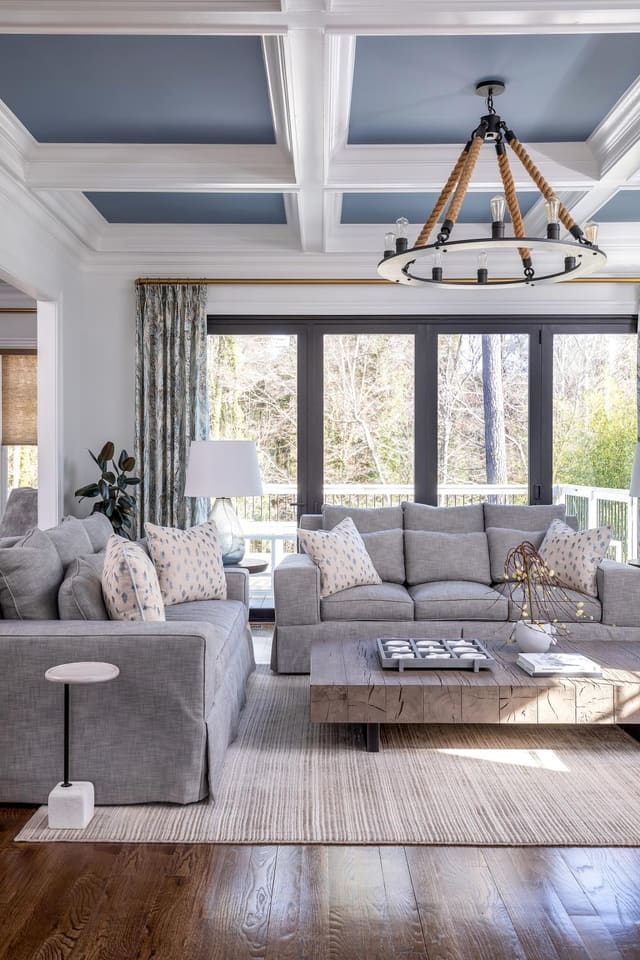 Living Room with neutral tones and beamed ceiling