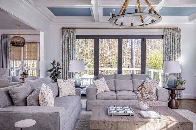 Living Room with neutral tones and patterned drapery