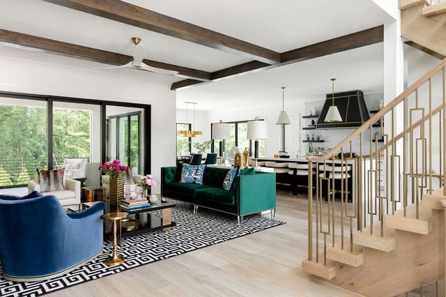 Open concept living room that flows into kitchen.