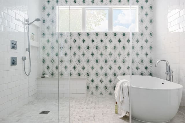 Master bathroom walk-in shower and stand alone tub,