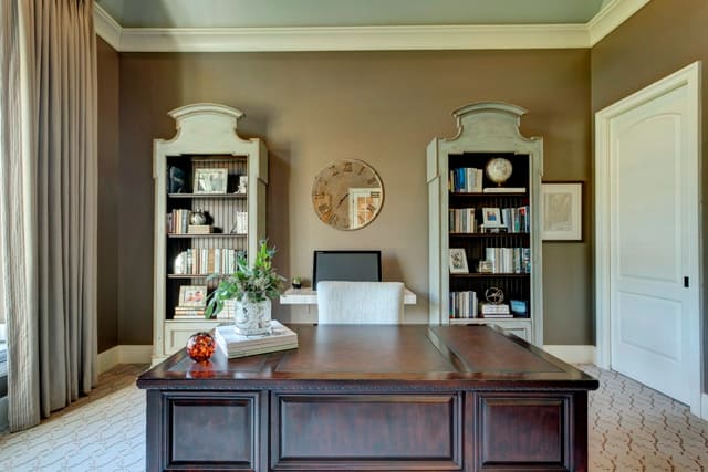 Home Office with twin bookcases and custom window treatments