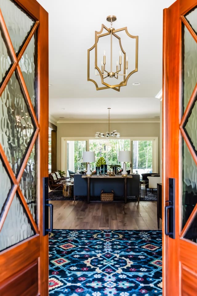 Looking through front doors of N. Raleigh home, showing Foyer and Family Room