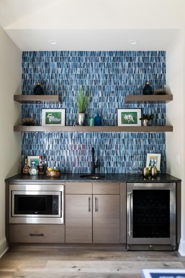 Bar in Game Room with blue backsplash
