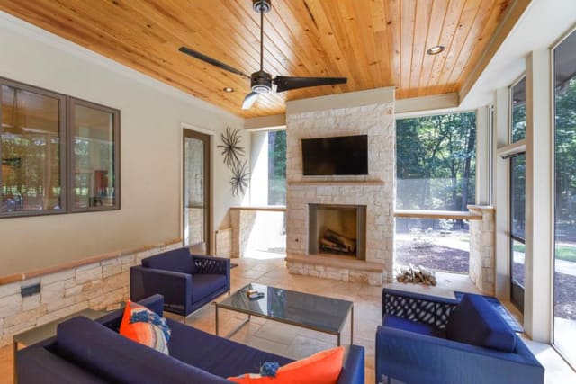 Outdoor seating area with outdoor fireplace