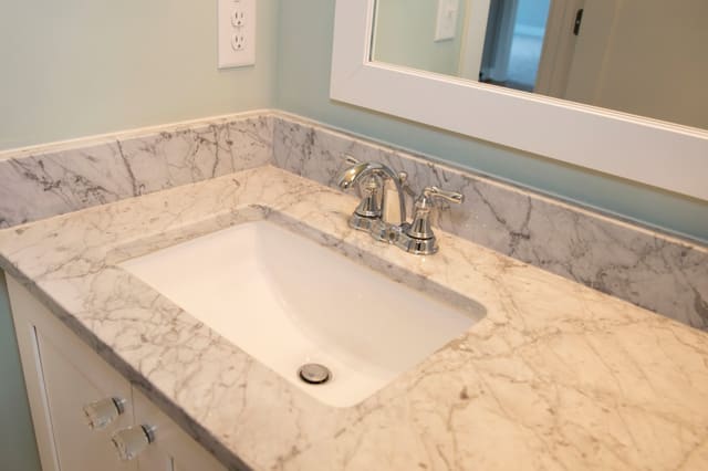 Close up of marble countertop in Guest Bathroom