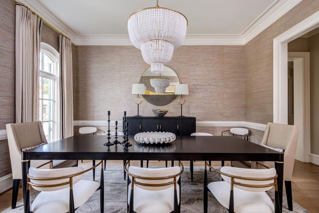Dining room with grasscloth wall covering.