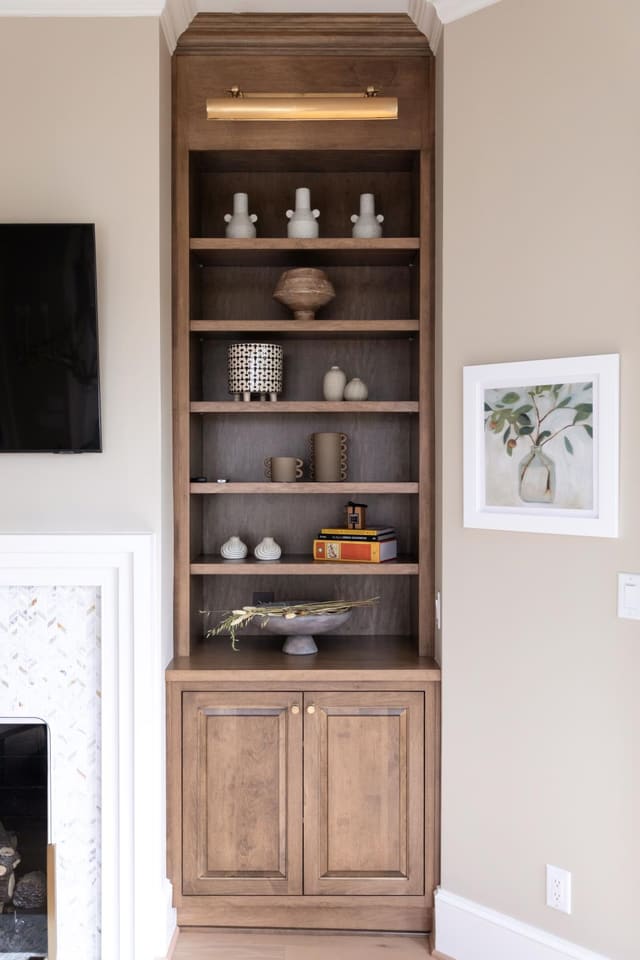 Decorated bookshelves.