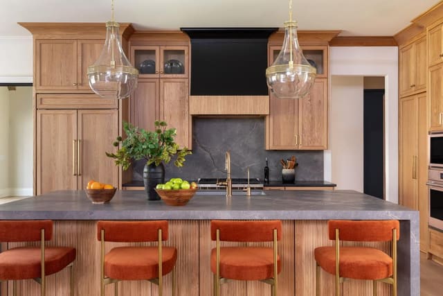 Kitchen Island with burnt-orange velvet stools