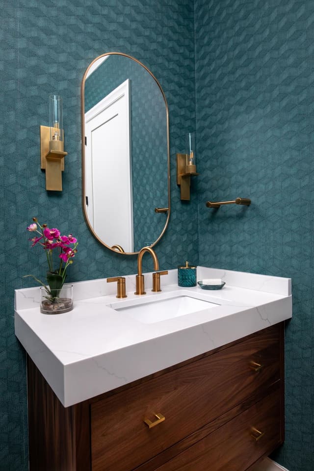 Powder Bath with Geo Teal Wallpaper
