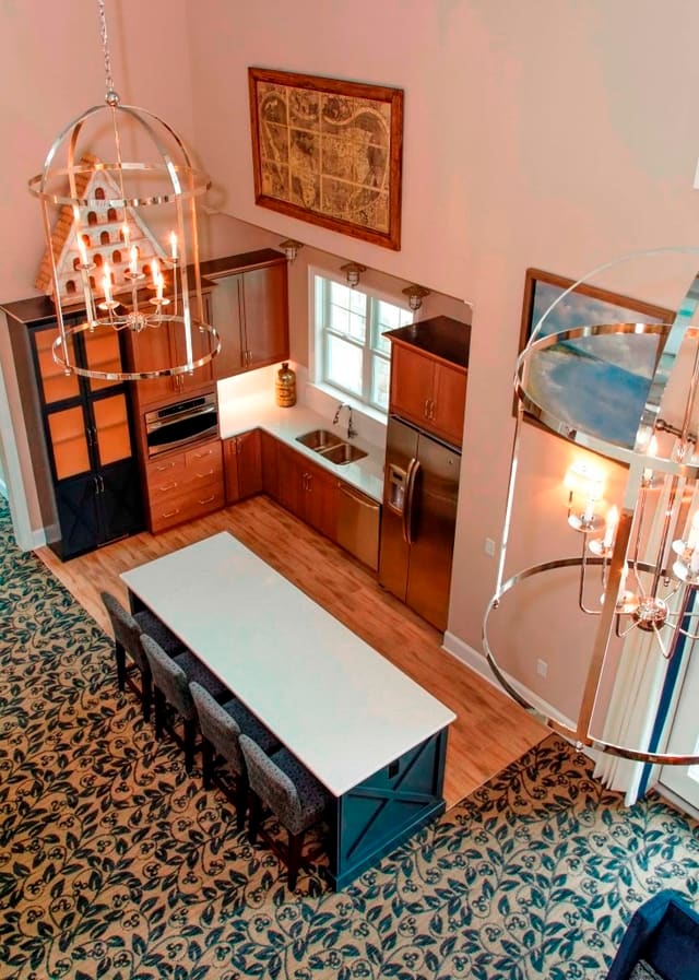 Overhead view of Clubhouse Kitchen, showing chrome lantern lights