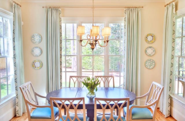 Sunny Raleigh Breakfast Room with custom drapery panels with lead edge trim