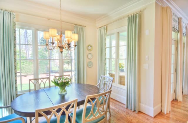 Photo of Raleigh Breakfast Room and Family Room showing custom window treatments.