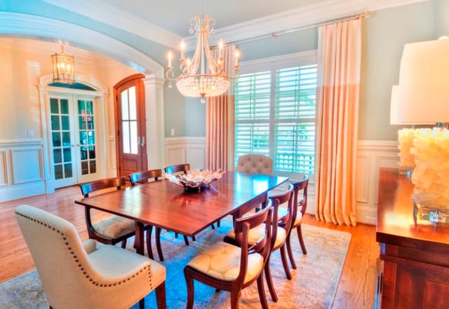Raleigh (ITB) Dining Room with custom silk drapery on lucite rod, tiered calcite lamps, and decorative bowl accessory