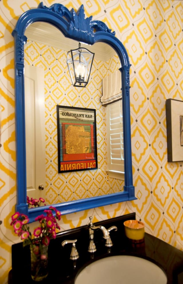 Raleigh (ITB) Powder Room with yellow wallpaper and blue painted mirror