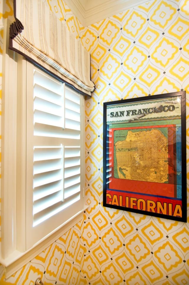 Raleigh (ITB) Powder Room with yellow wallpaper and faux roman shade with u-shaped banding around perimeter