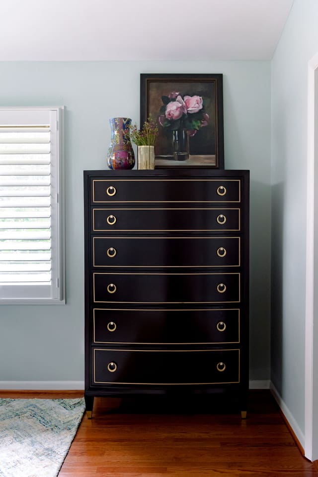 Gold striped tall chest in Master Bedoom