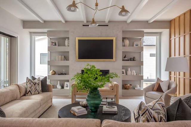 Living Room with Neutral Furniture and Built-in Shelving