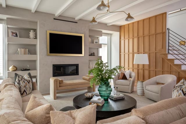 Living Room with Neutral Furniture and Built-in Shelving