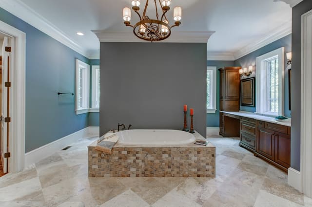 Master Bathroom in Raleigh home with unique tile tub surround